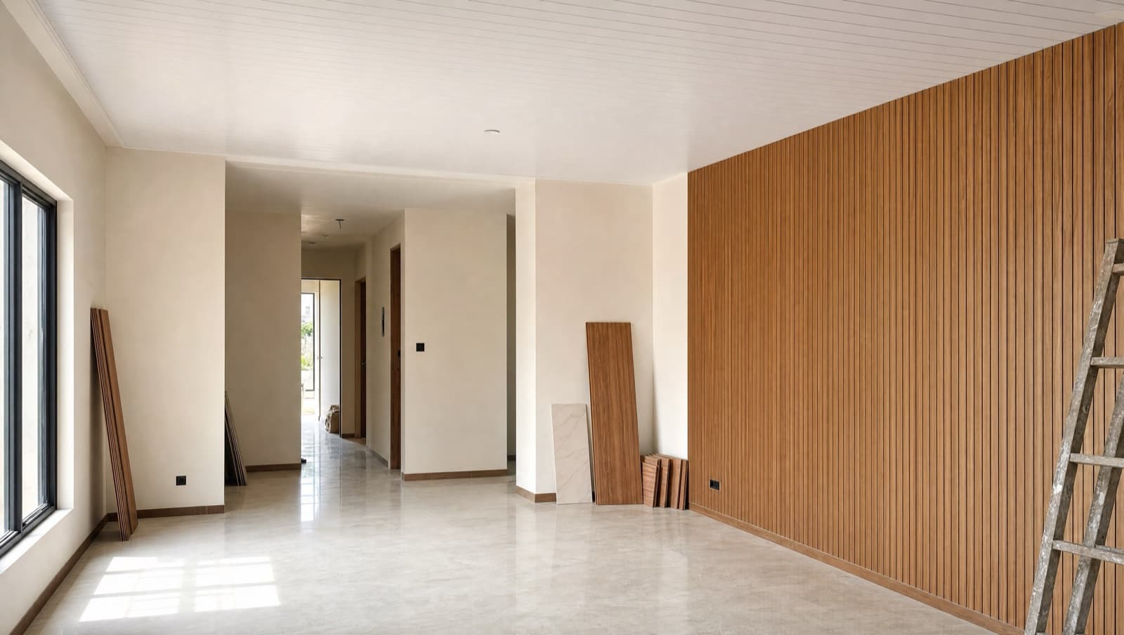 Interior ruang tamu mewah dengan plafon PVC dan panel dinding dari Dunia Plafon Polymer