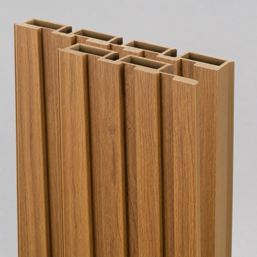 WPC wall panel bertekstur kayu pada dinding interior