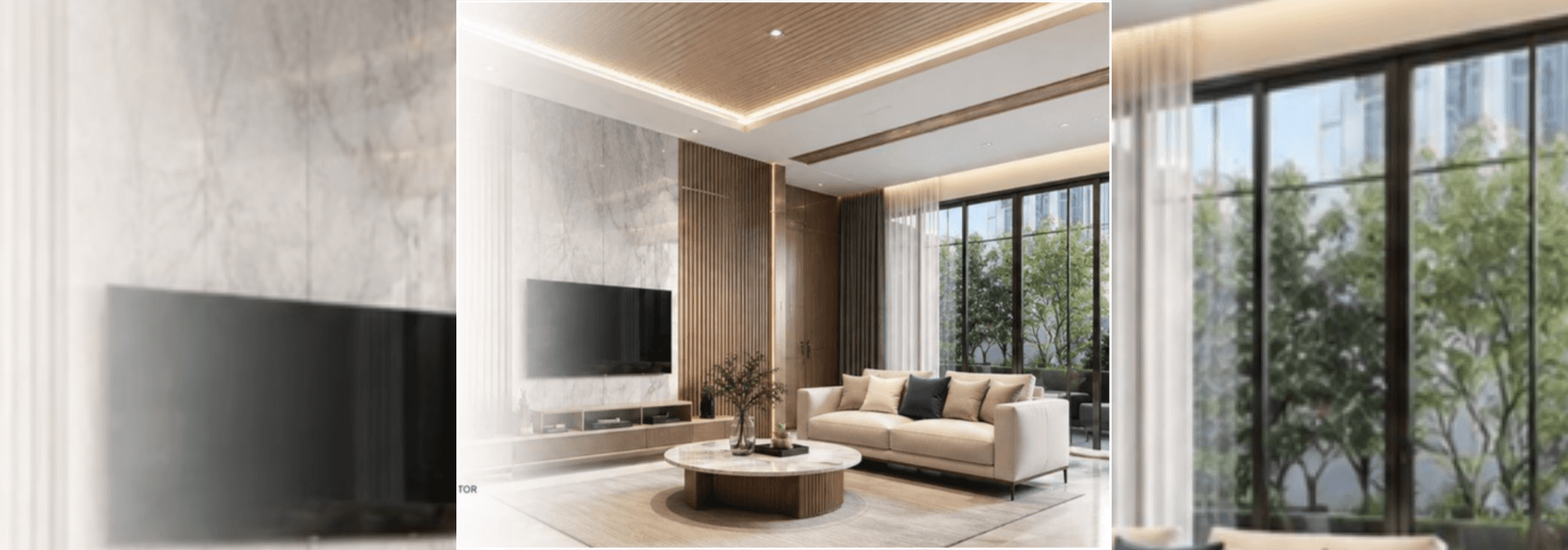 Interior ruang keluarga dengan plafon PVC dan panel dinding dari Dunia Plafon Polymer